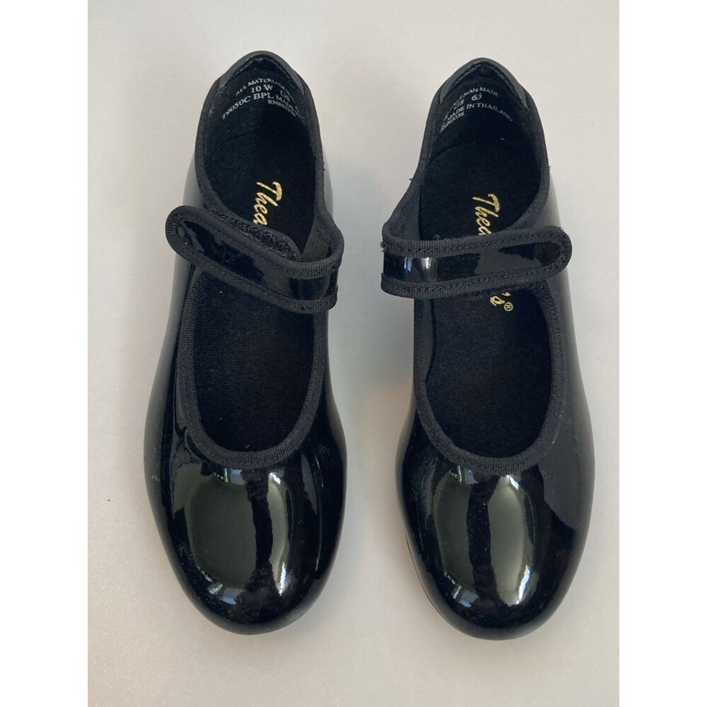 Theatricals Footwear Childs Girls 10 Wide Black Patent Leather Tap Shoes NEW